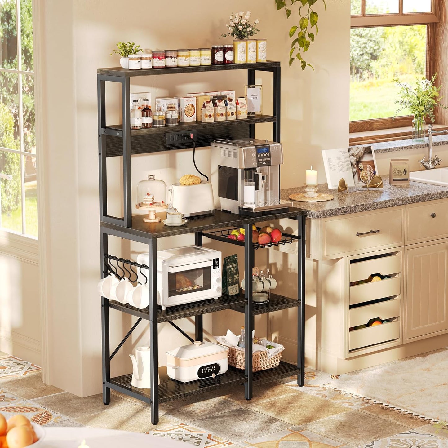 SUPERJARE Bakers Rack with Power Outlet, 35.4 Inches Coffee Bar with Wire Basket, Kitchen Microwave Stand with 6 S-Shaped Hooks, Open Storage Shelves, Black