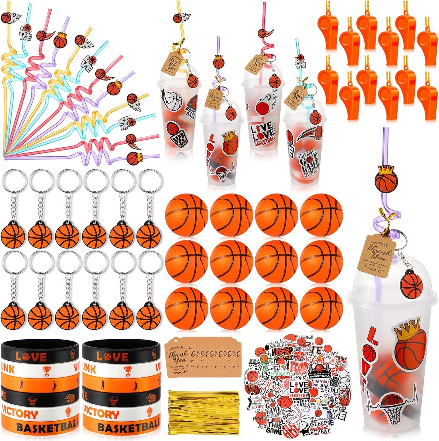 Weysat 184 Pcs Basketball Party Favors Party Supplies with Cup Straw Stress Ball Keychain Sticker Bracelet Whistle Thank You Tags for Birthday Decorations(Basketball)
