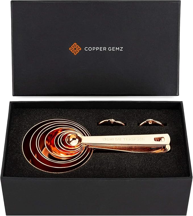 Copper Measuring Cups and Spoons Set of 9 - Luxurious Gift Packaging. Copper Gifts for 7th Anniversary for Her or Him. Gifts for Women, Men, Couple. 7 year or 22nd Wedding Anniversary. Rose Gold Gifts