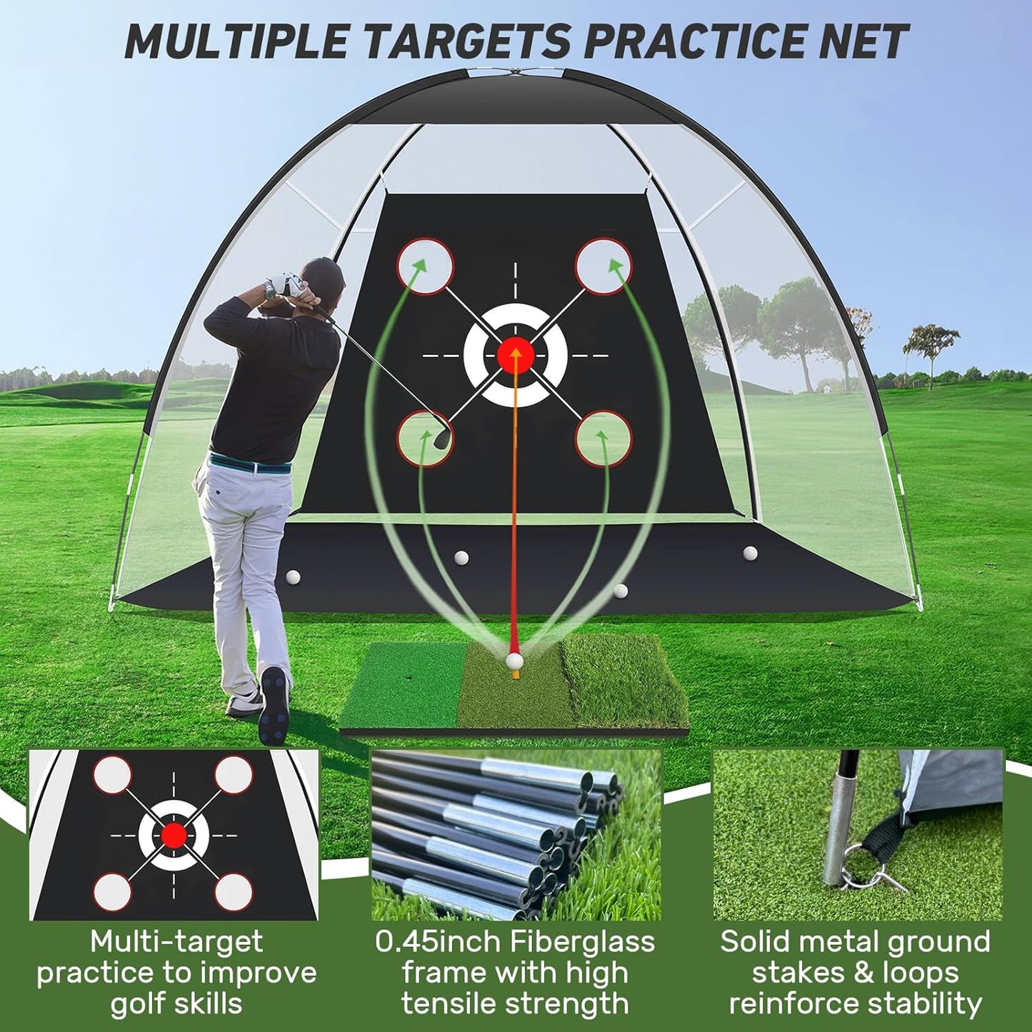 Golf Net with Practice Mat,Golf Hitting Aid Nets 10x7FT for Backyard Driving Chipping Training Swing with Target Mat Balls for Outdoor Indoor，Gifts for Men Dad Him and Golfer