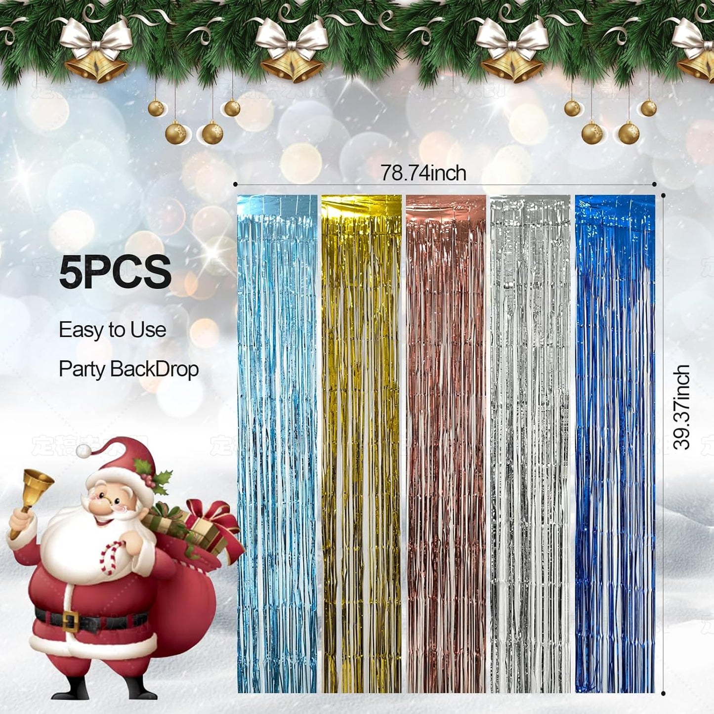 5 Pack Blue Foil Curtain Backdrop Metallic Tinsel Foil Fringe Curtains Photo Booth Props for Birthday Wedding Engagement Bachelorette Christmas Holiday Celebration Party Decorations Supplies