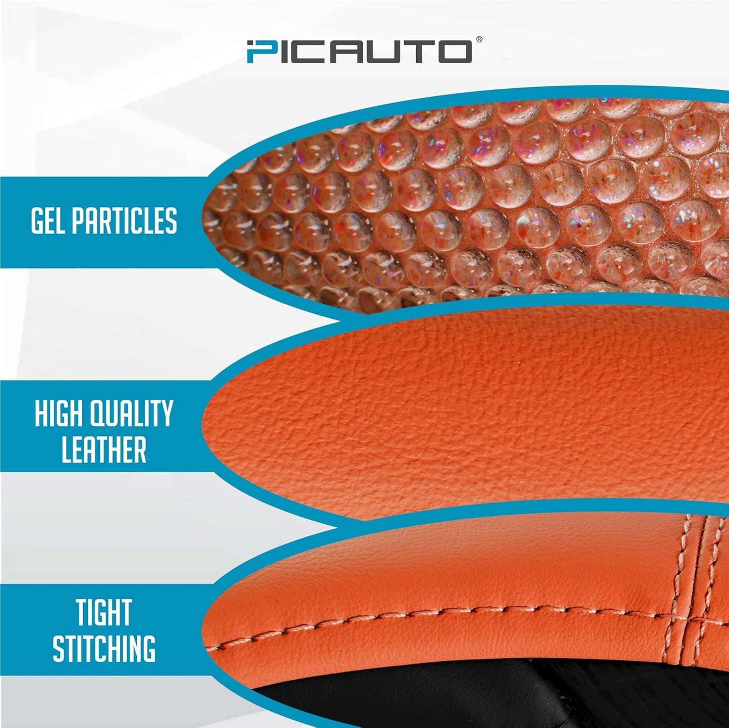 PIC AUTO Steering Wheel Cover, Glitter Gel Particles & Orange Luxury Leather Car Steering Cover, Universal Fit 14.5"-15.5" Anti-Slip Car Wheels Cover for Girls & Women