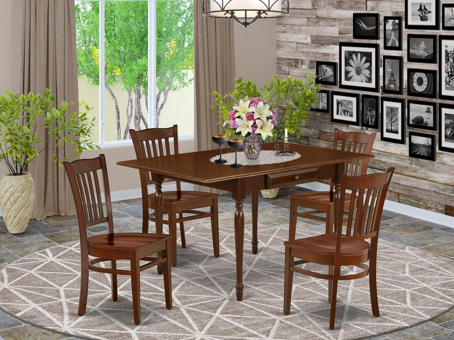 East West Furniture MZGR5-MAH-W 5 Piece Modern Dining Table Set Includes a Rectangle Wooden Table with Dropleaf and 4 Dining Room Chairs, 36x54 Inch, Mahogany