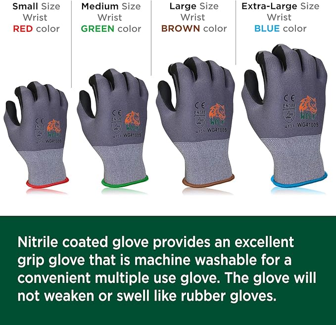 WOLF Ultra-Thin Nitrile Foam Palm Coated Glove with Tacky Dot Grip, Multi Purpose