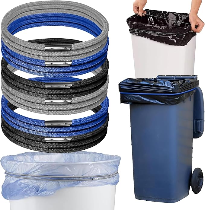 Trash Can Rubber Bands Set of 6 - Elastic Garbage Can Bands with Metal Connector, Fits 13 to 33 Gallon Trash Bags - Gripper Trash Can Bands for Waste Baskets, Multicolored