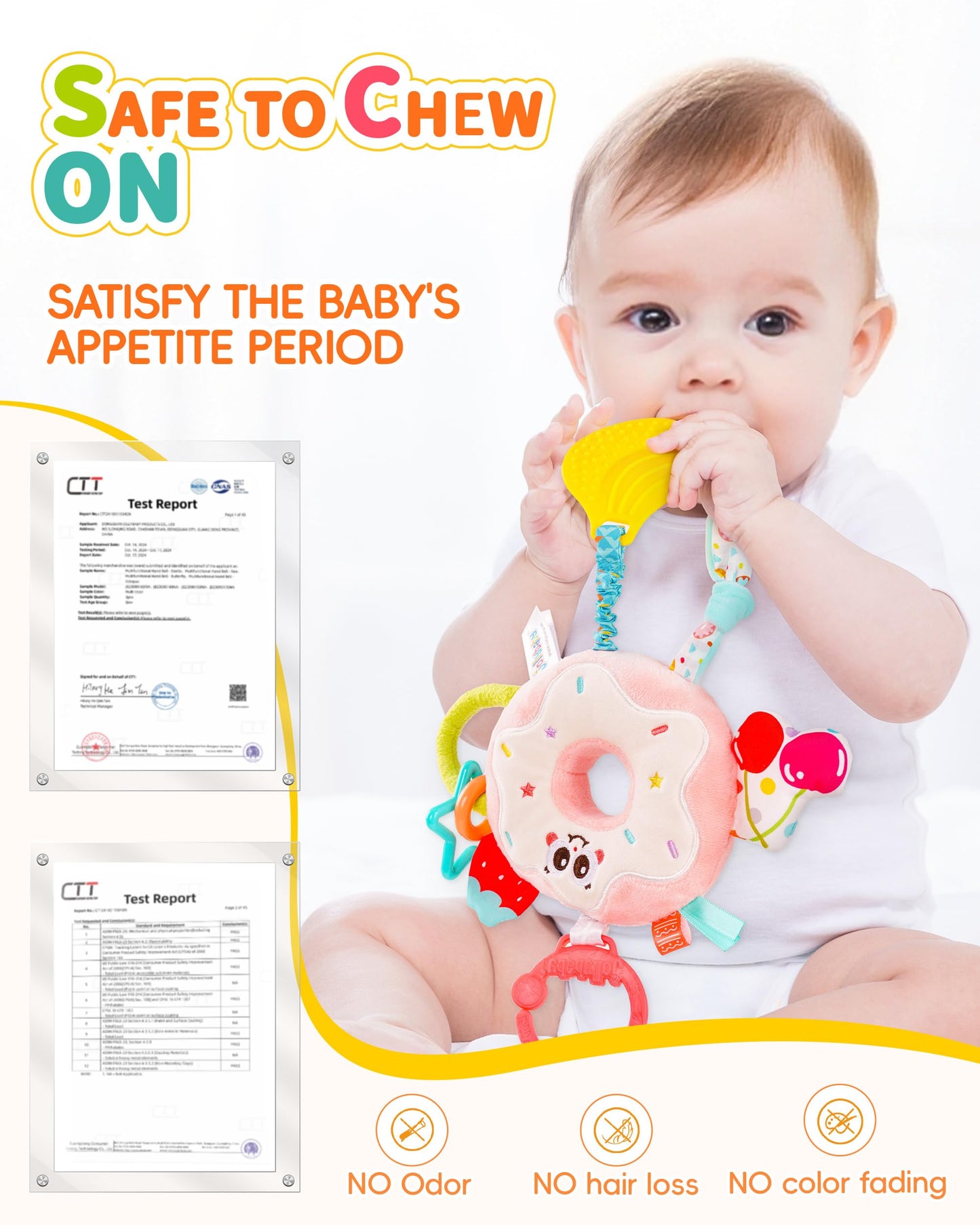 Jollybaby Baby Pull Vibration Toy - Tummy Time Sensory Hanging Toys for Car Seat, Stroller, Crib & Play Gym, with Babies Rattles & Teether, Airplane Travel Toys for Toddlers Gift - Donut