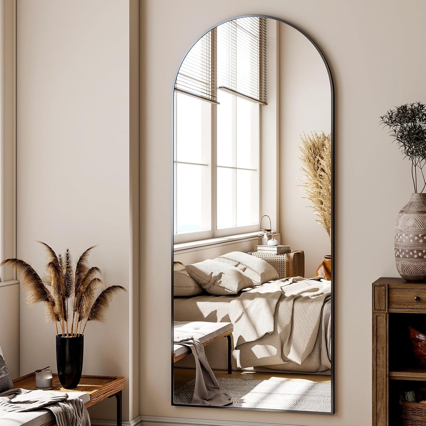 26''x 71'' Arched Full Length Mirror Floor Mirrors with Aluminum Alloy Frame Free-Standing Wall Mounted Floor Mirrors or Large Dressing Mirror, Black Mirror Full Length