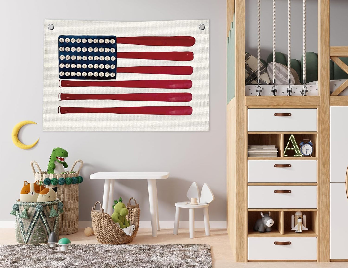 Baseball Wall Decor, Baseball Room Decor for Boys, Vintage Base Ball Bat American Flag Hanging Canvas Banner Flag Wall Art Decor for Kids Boys Nursery Room Bedroom Playroom, 20x30 in