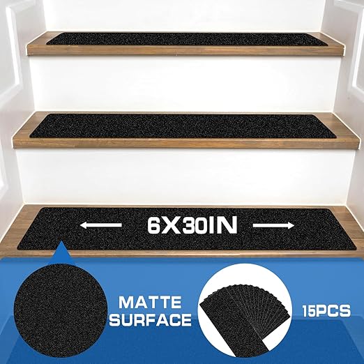 LadyRosian Outdoor Stair Treads Non Slip 15-Pack Black 6" x 30" - Weather Resistant Adhesive Heavy Grip Tape - Waterproof Anti Skid Strips