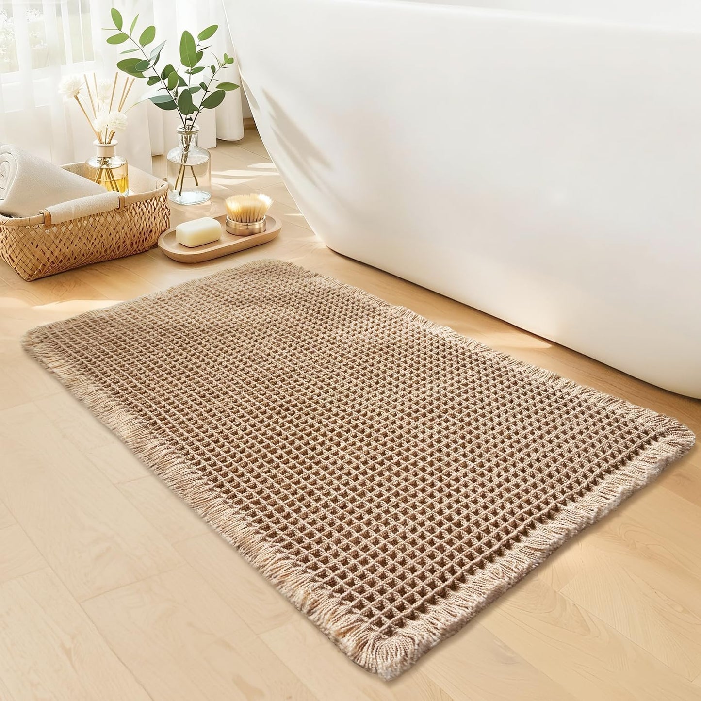 Waffle Bath Mat - Boho Bathroom Rugs Non Slip Washable, Super Absorbent & Quick Dry, Small Bath Mats Farmhouse Bathroom Decor, 18'' x 30'', Khaki
