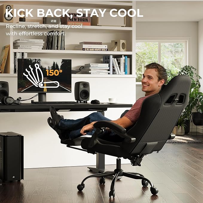 Gaming Chair with Footrest, Ergonomic 330lbs Leather Mesh Chair, Massage Lumbar Support, Adjustable Height & Headrest Pillow, Breathable Seat for Office, Home, Streaming, Long Gaming Sessions, Black