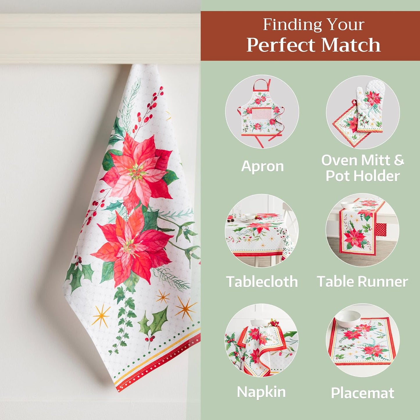 Maison d' Hermine Kitchen Towels Set of 3 100% Cotton 20" x 27.5" Reusable Cloth Tea Dish Towels Absorbent with Hanging Loop for Kitchen Thanksgiving Christmas Decorations (Poinsettia Christmas)