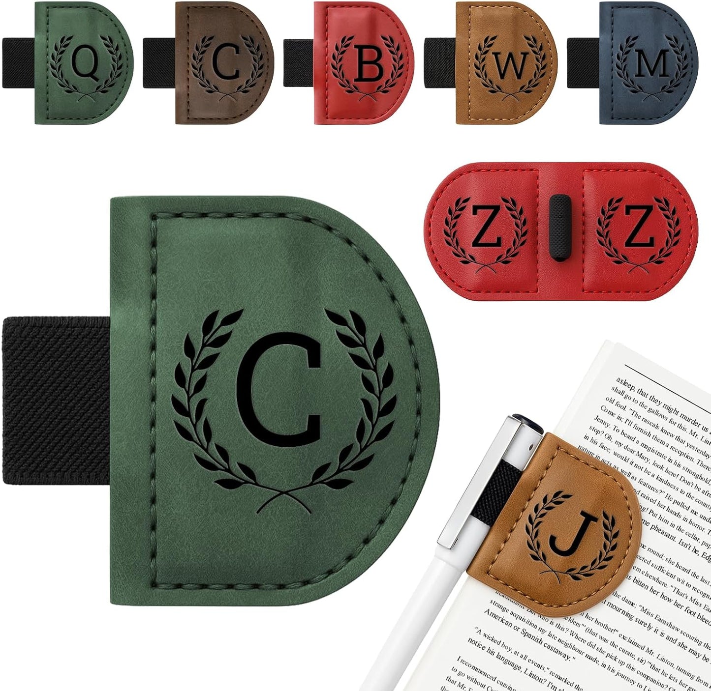 Personalized Bygone Mark Bookmark with Pen Holder,Engraving Leather Magnetic Bookmarks Vintage 26 Letters Name Initials Text Book Marker Clips Gifts for Reading Book Lovers Women (Green, C)
