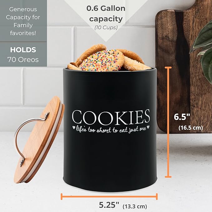 D'Lifeful Cookie Jar with Airtight Bamboo Lid – 0.6 Gallon Cute and Decorative Cookie Storage for Kitchen Countertop – Farmhouse Storage Tin for Freshness – Great Gift Idea