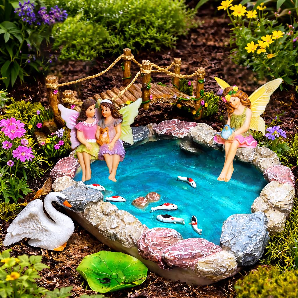 Mood Lab Fairy Garden Figurines - Fish Pond & Bridge - Miniature Decor Set (6 pcs) - Statues & Accessories - Outdoor & Indoor Garden Decor