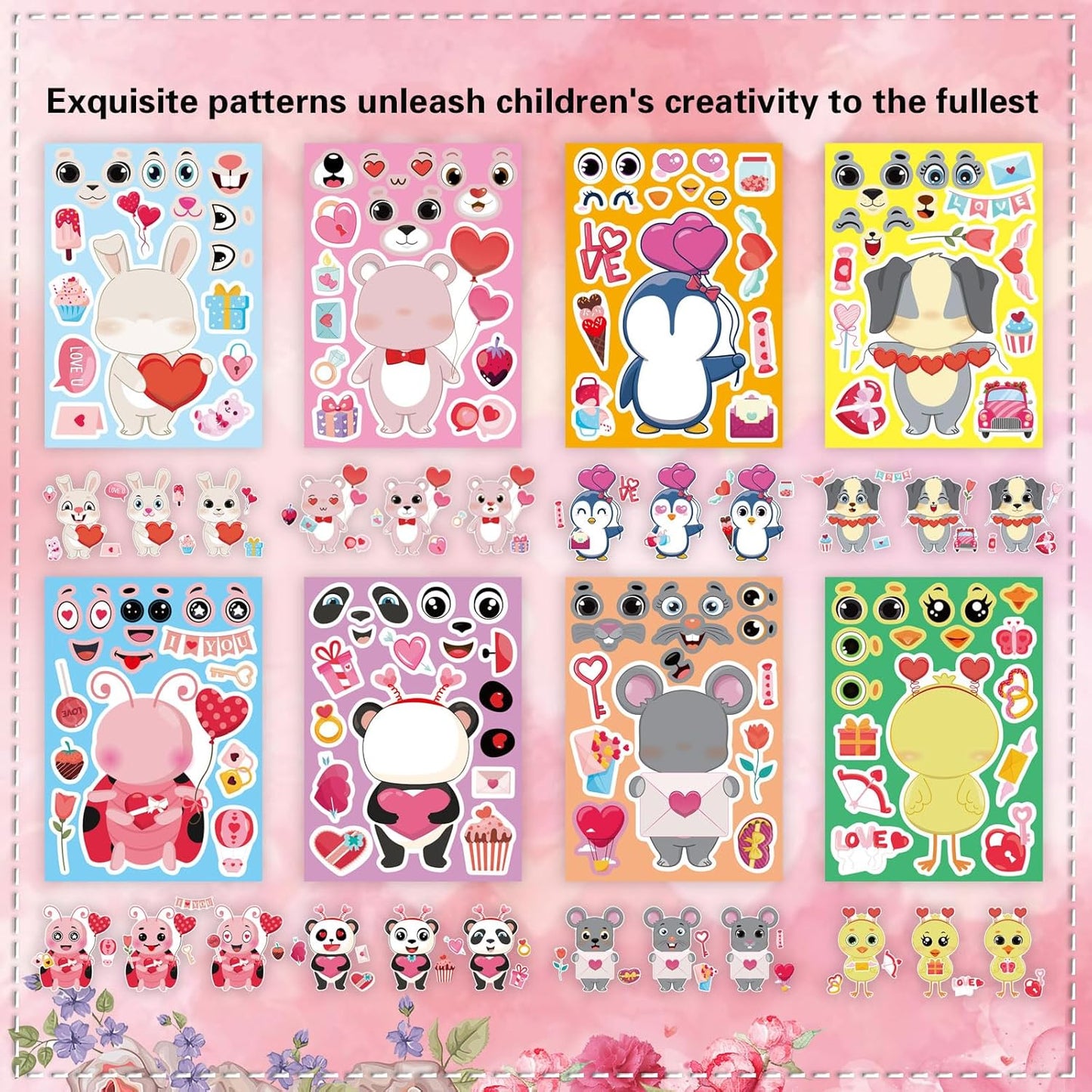 32 Sheets Valentine Stickers for Kids, Valentines Crafts Heart Love Sticker Make a Face Stickers, Make Your Own Animal Stickers Valentines Gifts for Kids Classroom Valentine Goodie Bags Party Favors