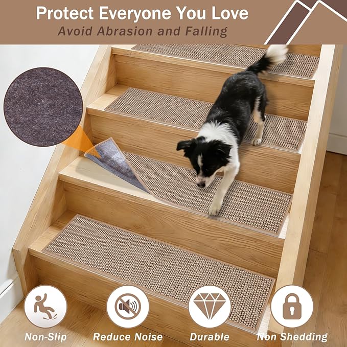 Stair Treads Non Slip, 15 Pack 8" X 30" Beige Stair Runners for Wooden Steps Non Slip with Reusable TPE Adhesive Backing, Carpet Stair Treads for Kids Elders and Pets, Machine Washable, Anti-Fall