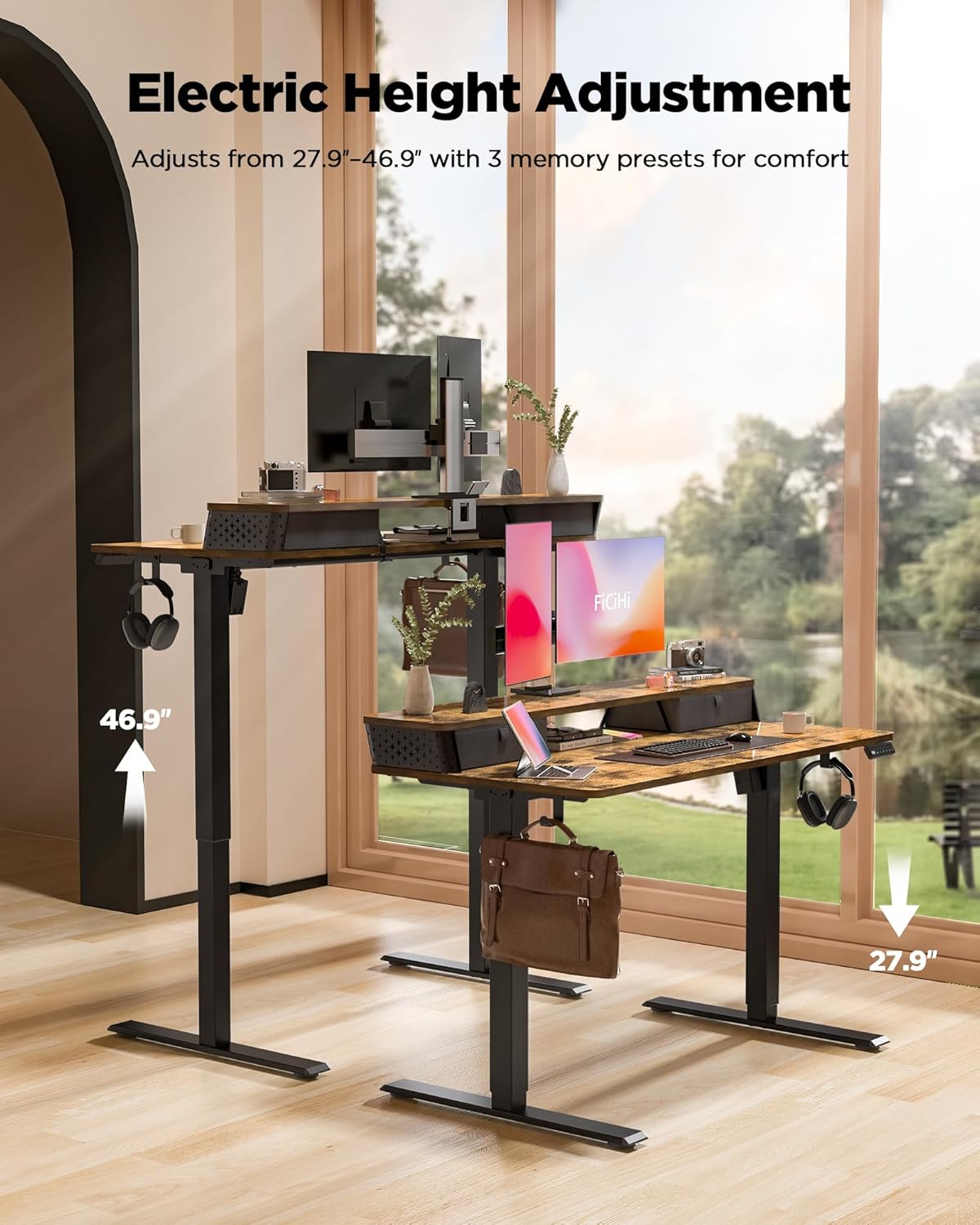 48x24 Inch Standing Desk with Double Drawers,C-Clamp Mount Compatible,Electric Adjustable Height Computer Stand Up Desks, Home Office Sit Stand Table with 3 Preset Heights & Hooks, Rustic Brown