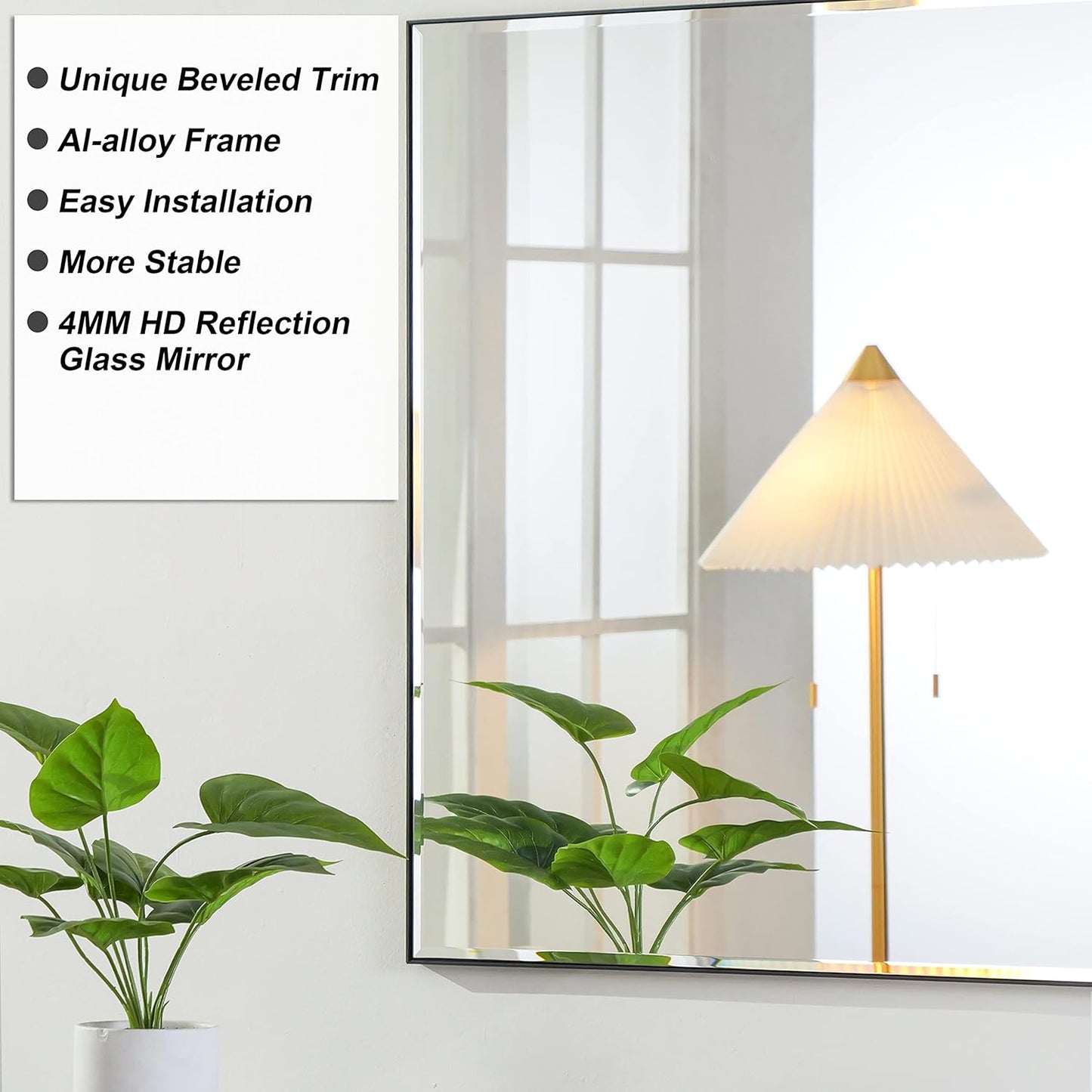 24x40 Inch Black Mirror with Beveled Trim, Aluminum Frame Bathroom Vanity Mirror, Copper-Free Mirror, Rectangle Wall Mounted Mirror, Modern Rectangular Mirror Horizontal or Vertical