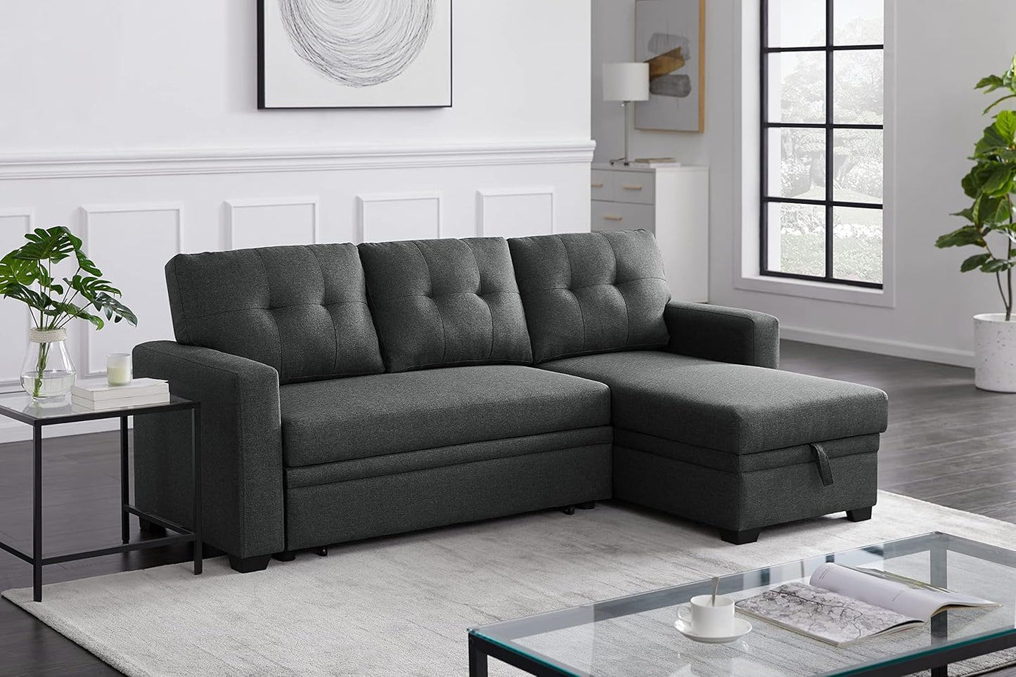 Devion Furniture Meridian 4-in-1 Convertible L Shaped Couch with Pull Out Bed and Storage, Sectional Sleeper Sofa with Reversible Chaise for Living Room, Apartment, Bedroom, Office