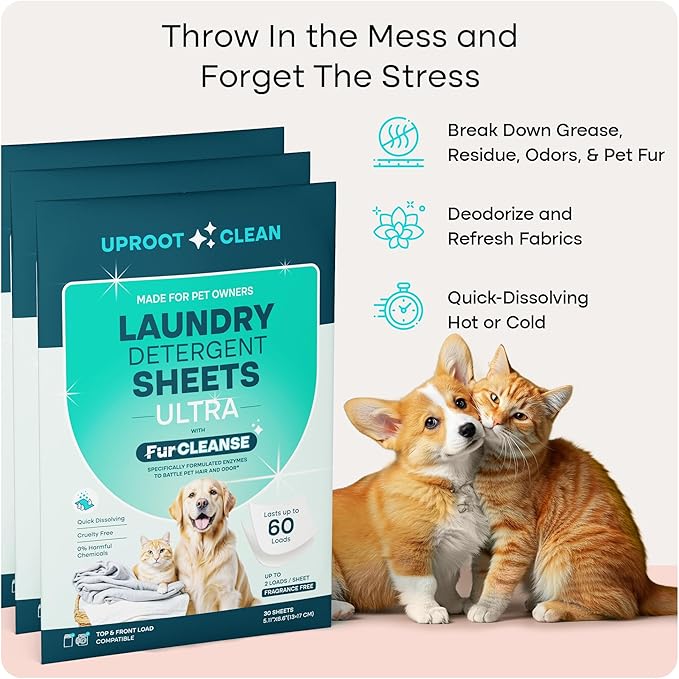 Uproot Clean Laundry Sheets Ultra - 90 Pack - Fragrance-Free: Extra-Large Enzyme-Powered Laundry Detergent Sheets Made in USA - Eliminate Clinging Fur, Pet Odors, & Messy Residue - Up to 180 Loads
