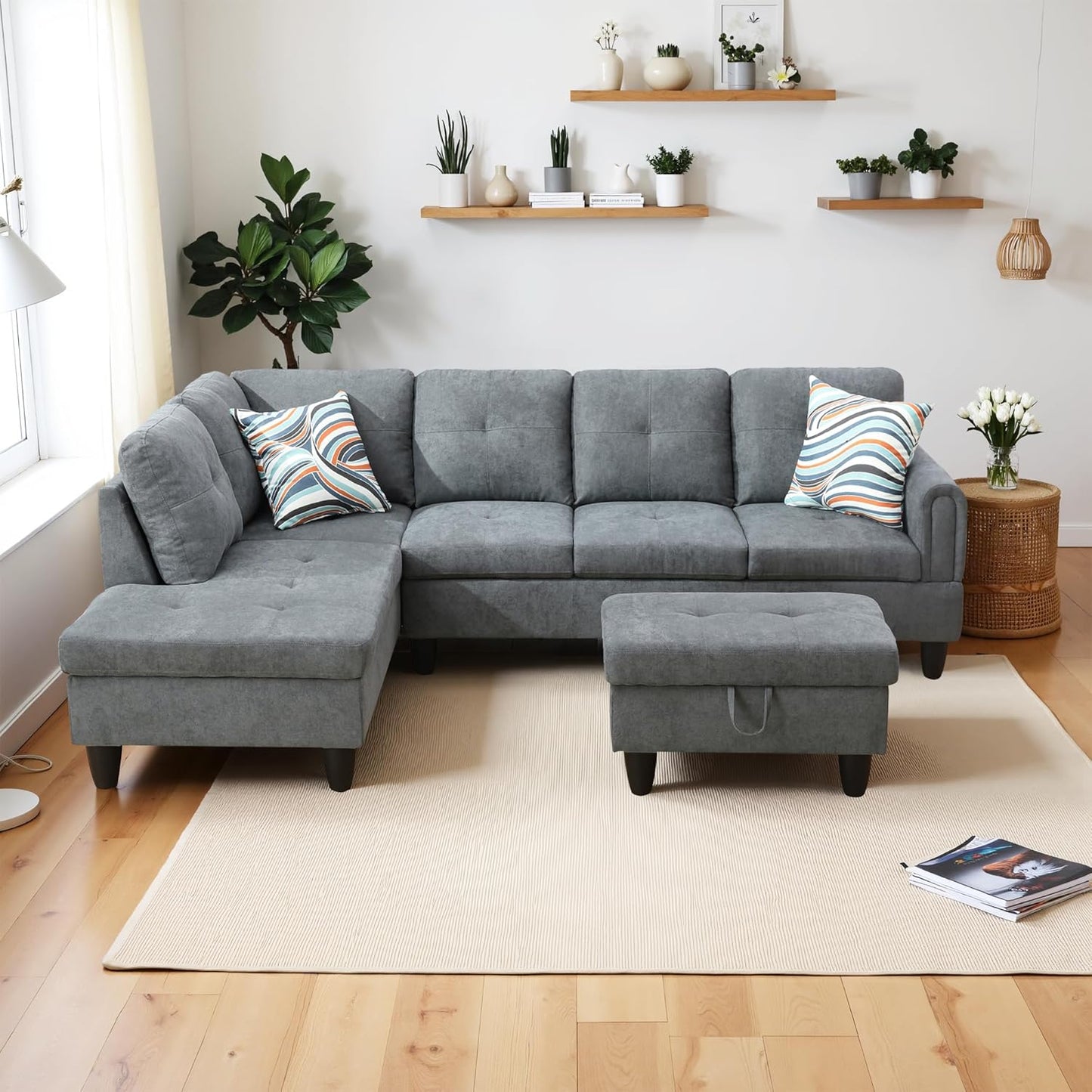 L Shaped Couch Modern Sectional Couch Upholstered Fluffy Fabric 3 Pieces Sofas for Living Room with Chaise, Storage Ottoman for Office and Small Apartment, Dark Grey