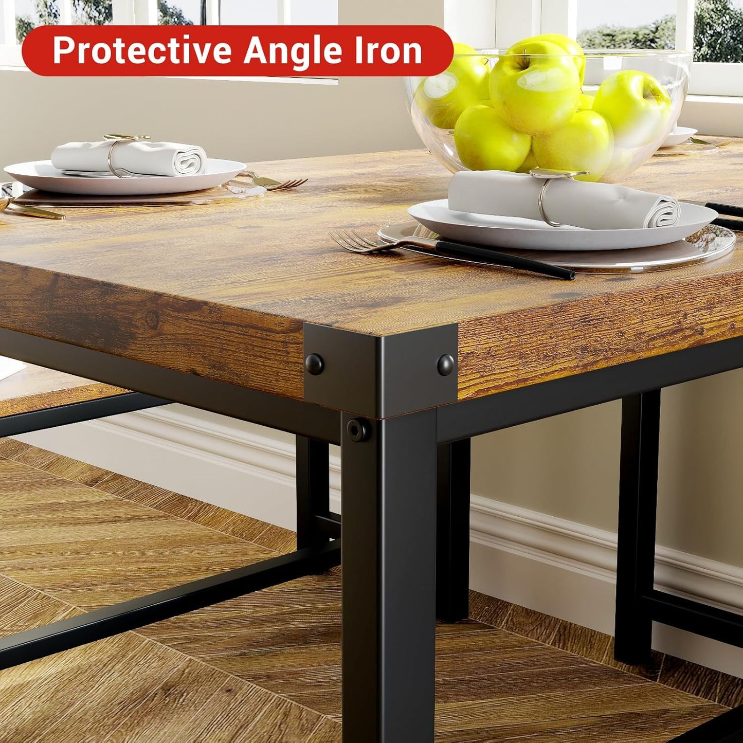 Garvee Dining Table Set for 4, Kitchen Table with Benches, 3 Piece Rectangular Dining Room Set with 2 Wooden Benches for Small Space, Apartment, Studio, Home, Rustic Brown