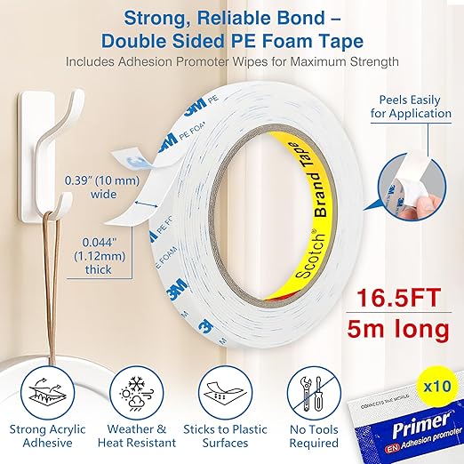 Double-Sided Removable Tape – 0.39" x 16.5 FT Heavy Duty PE Foam Mounting Tape with Adhesion Promoters – Wall-Safe Waterproof Damage-Free for Posters, Picture Hanging & Painted Walls