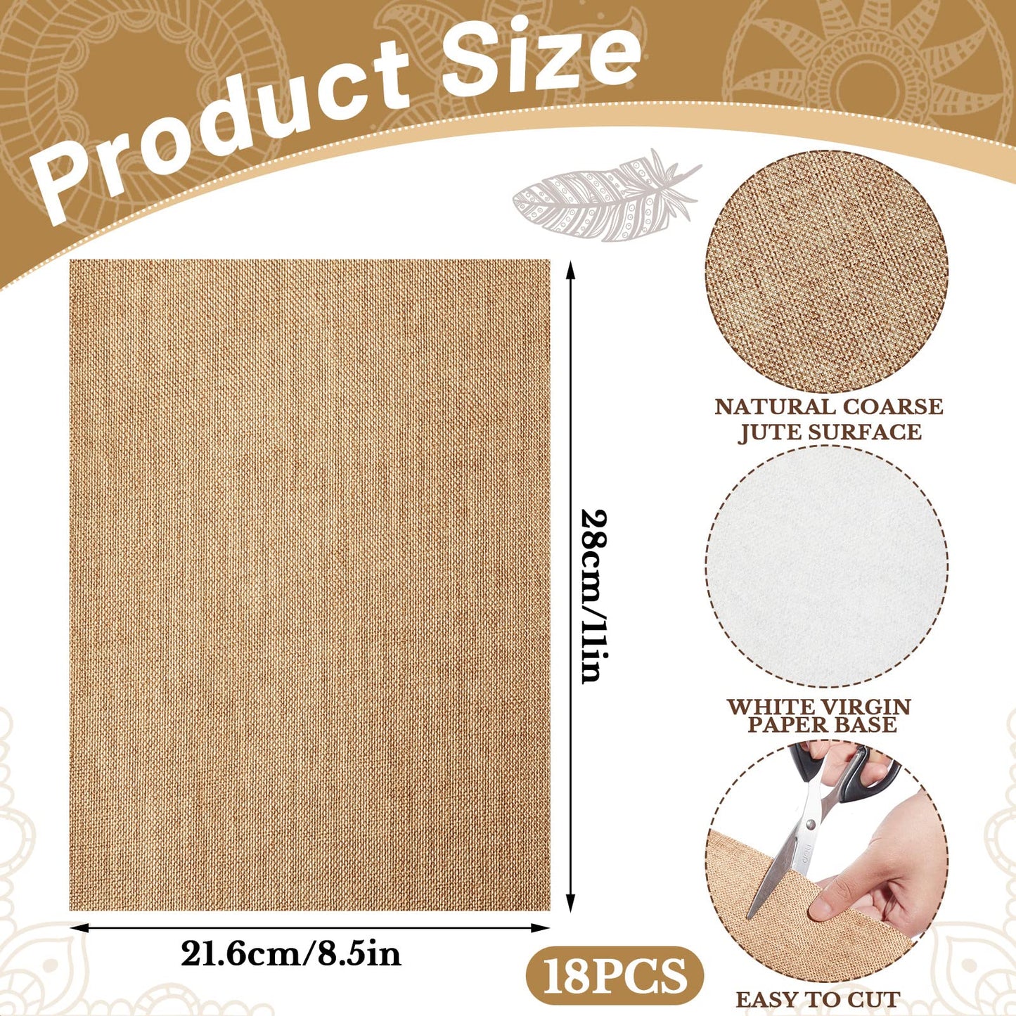 18 Sheets Printable Natural Burlap Paper Pad, 8.5 x 11 Inch Scrapbooking Supplies Laminated Burlap Paper Cardstock Vintage Craft Scrapbook Printable Sheets for Print