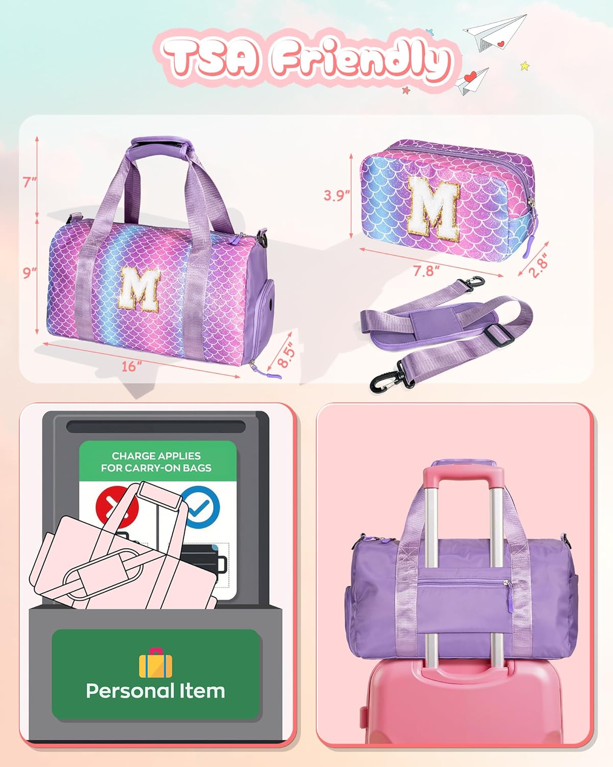 Cute Preppy Gifts for Girls-Girl Gym Bag with Shoe Compartment, Kid Personalized Weekender Overnight Bags, Initial Travel Tote with Makeup Pouch, Chenille Gift for Teen (Letter D)