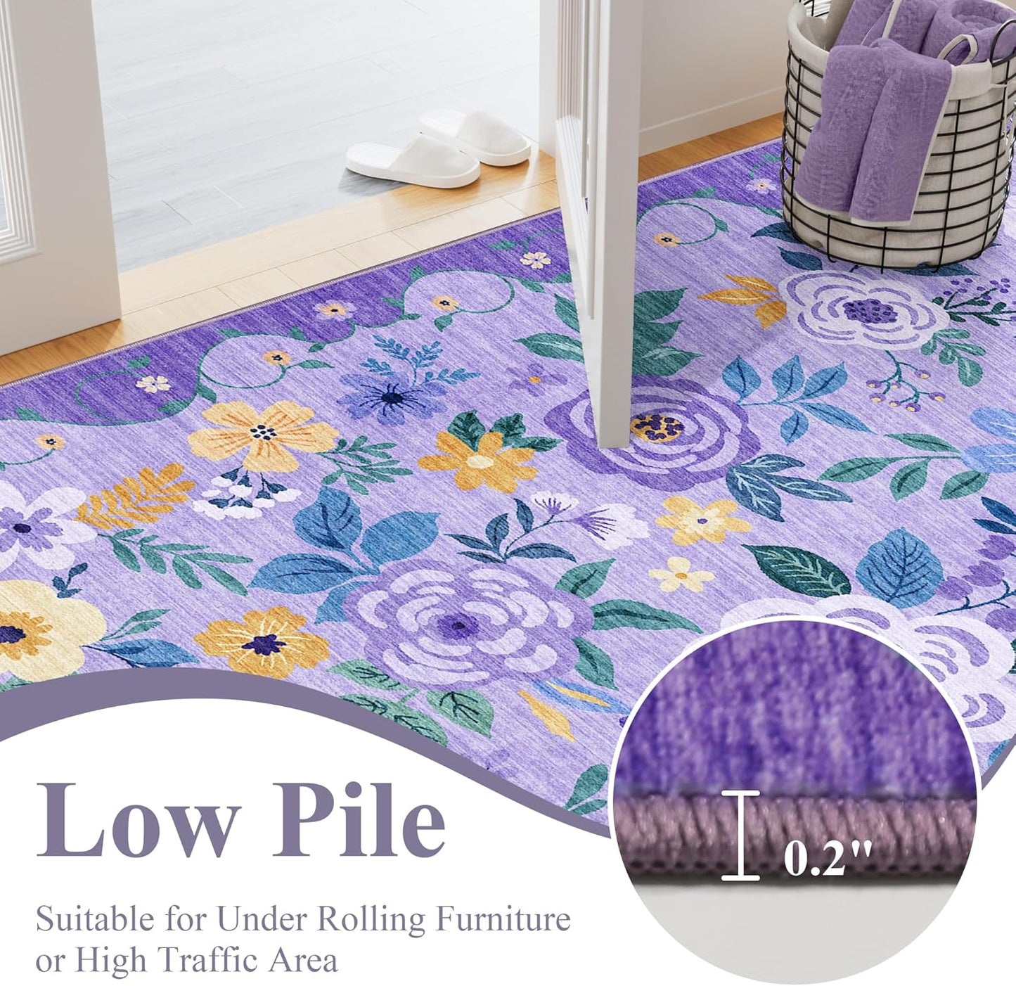 DUKINO 3x5 Area Rug, Floral Rugs for Living Room, Lightweight Non Slip Washable Rug, Indoor Low Pile & Non-Shedding Boho Design Rugs for Bedroom, Living Room, Dining Room, Purple
