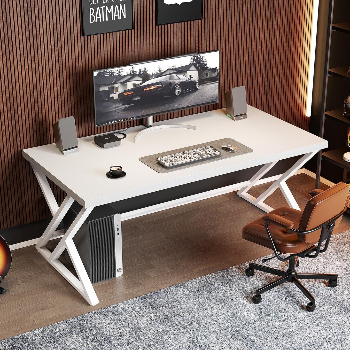 LVB Modern White Computer Desk, Long Industrial Home Office Desk for Student, Large Metal Wood Writing Study Work Desk, Farmhouse Executive Gaming Computer Table for Bedroom Living Room, White, 60 in