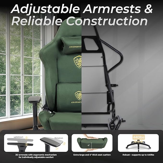 Dowinx Big and Tall Gaming Chair with Suede Fabric Breathable, Game Chairs for Adults with Oversized Thick Seat for 440lbs, Ergonomic Gamer Chair for Streaming & Long Gaming Sessions, Green