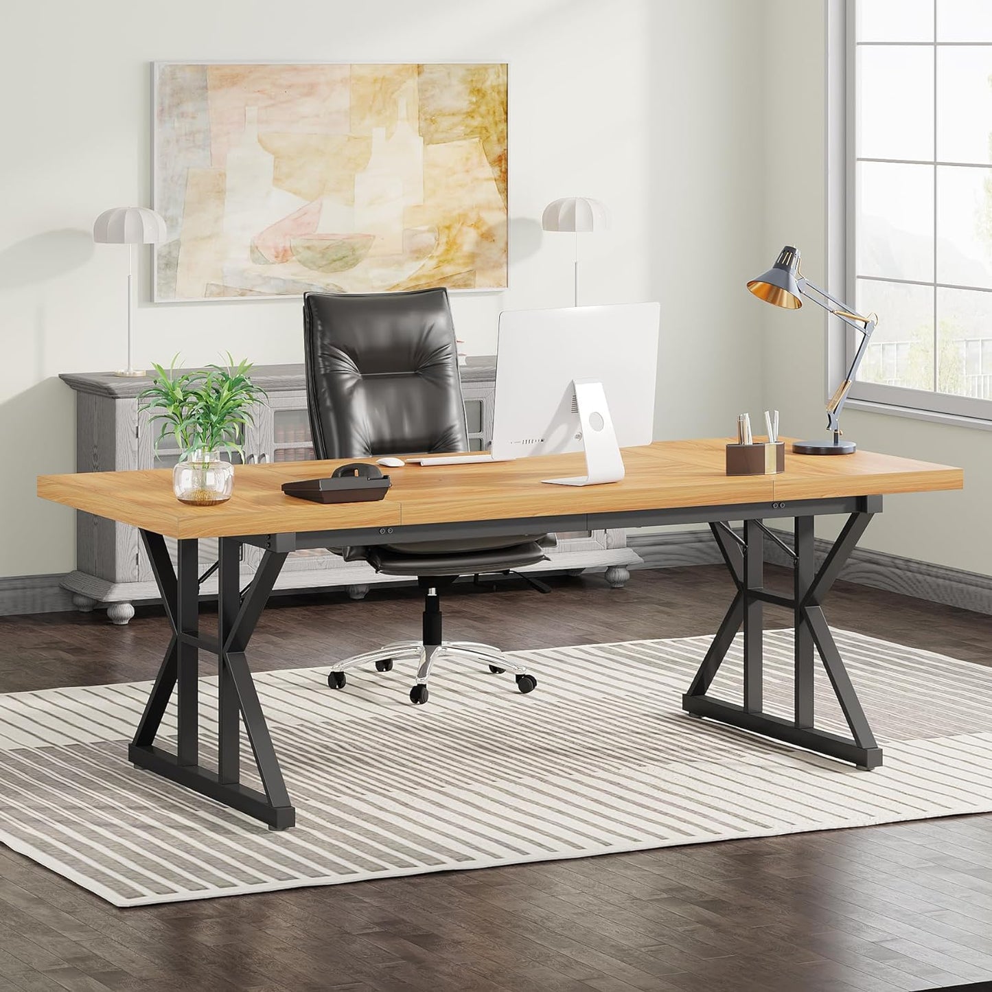 Tribesigns 70.8-Inch Executive Desk, Large Computer Office Desk Workstation, Modern Simple Style Laptop Desk Study Writing Table Business Furniture for Home Office (Light Walnut/Black, 70.8 Inch)