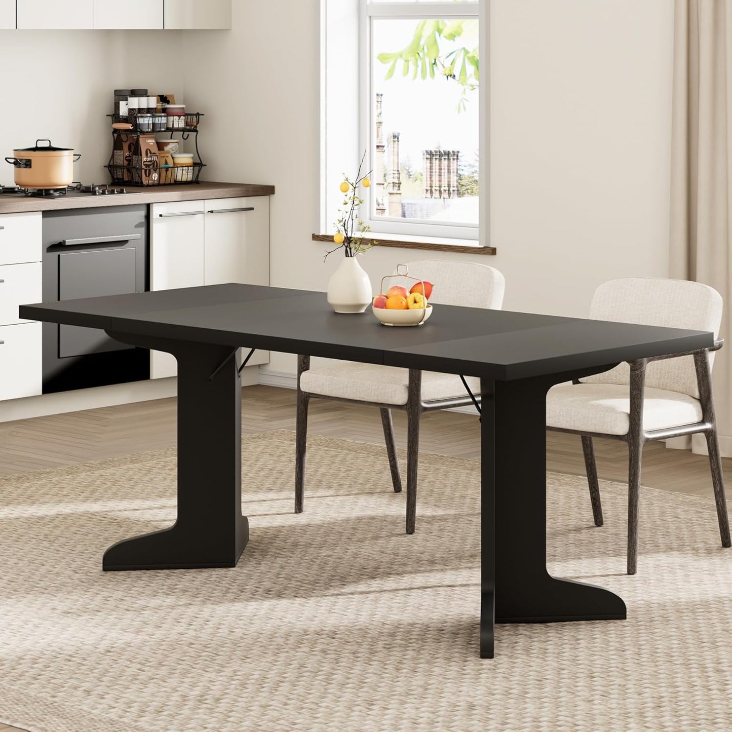 71" Large Dining Table for 6, Farmhouse Kitchen Table with Padded Top and Unique V-Shaped Feet, Rectangular Wooden Dining Table for 8 People for Home, Dining Room, Kitchen, Office, Black