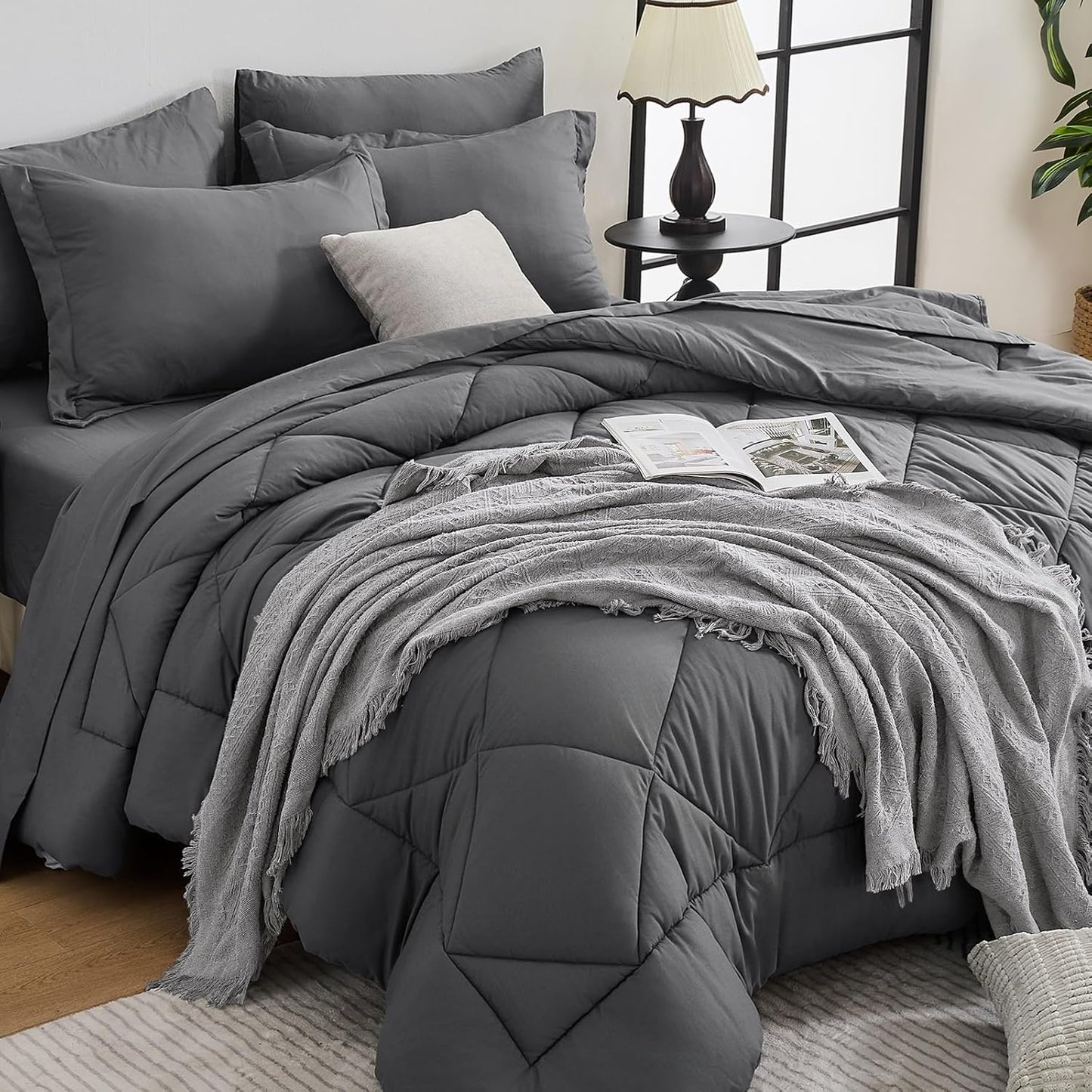 HEVUMYI King Comforter Set - 7-Piece All Season Bed in a Bag King, Ultra Soft Bedding Set with Comforter, Flat Sheet, Fitted Sheet, Pillowcases, Pillow Shams, Dark Grey