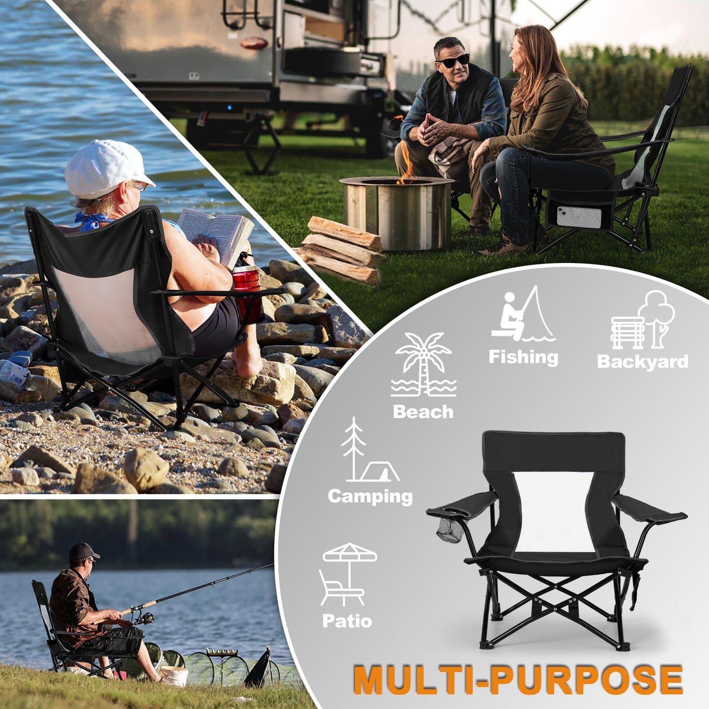 Joyfair Beach Camping Chair (2 Pack), Outdoor Folding Lawn Chair for Adults, Heavy Duty Portable Chair with Armrest for Outside Fishing, Sport, Patio, Cup Holder & Storage Pocket, Carry Bag (Black)