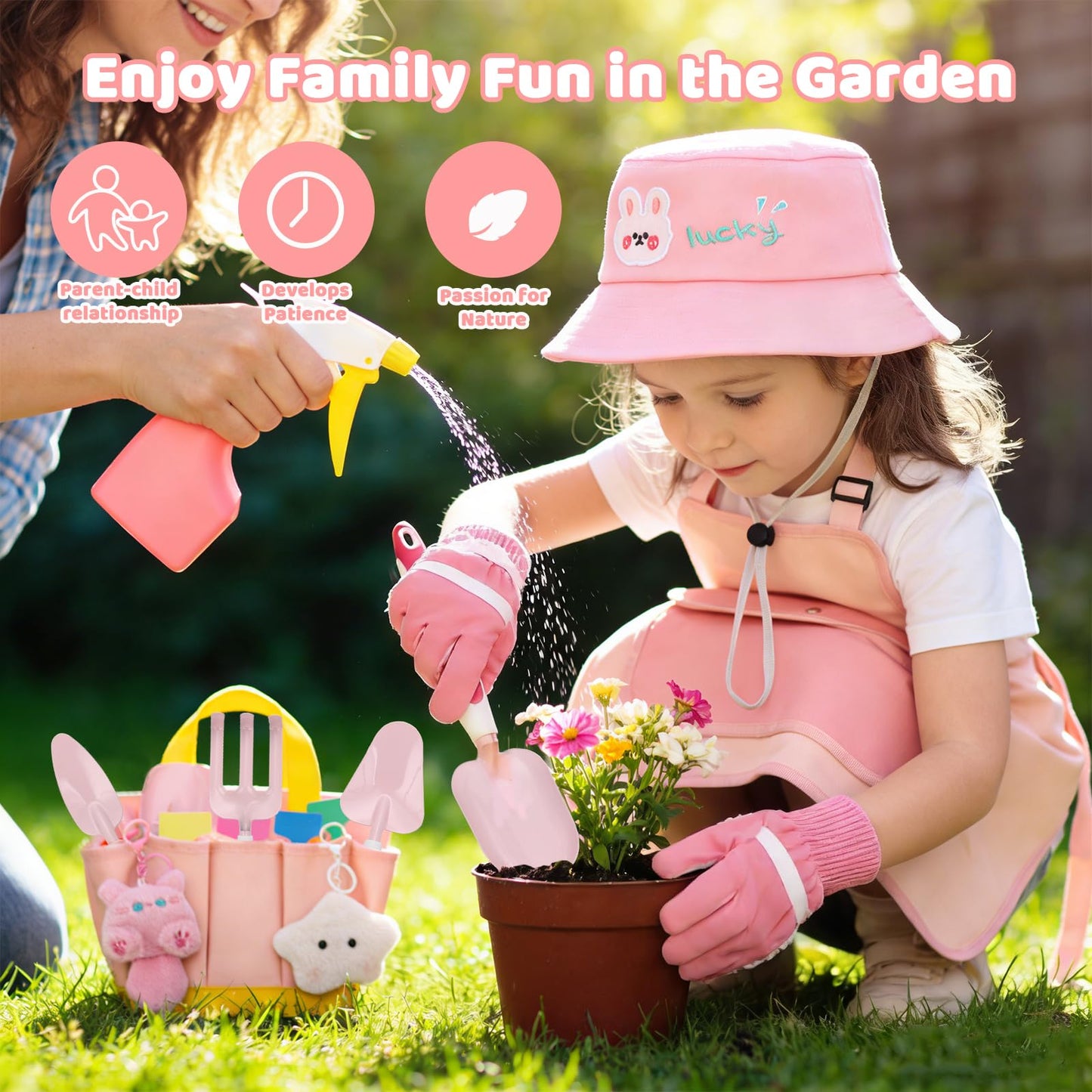 Kids Gardening Tools Set,Gardening Tools for Kids,Toddler Gardening Tools with Gloves, Watering Can, Metal Shovel, Rake, Spade & Storage Bag, Garden Book and More Educational STEM Learning for Girls