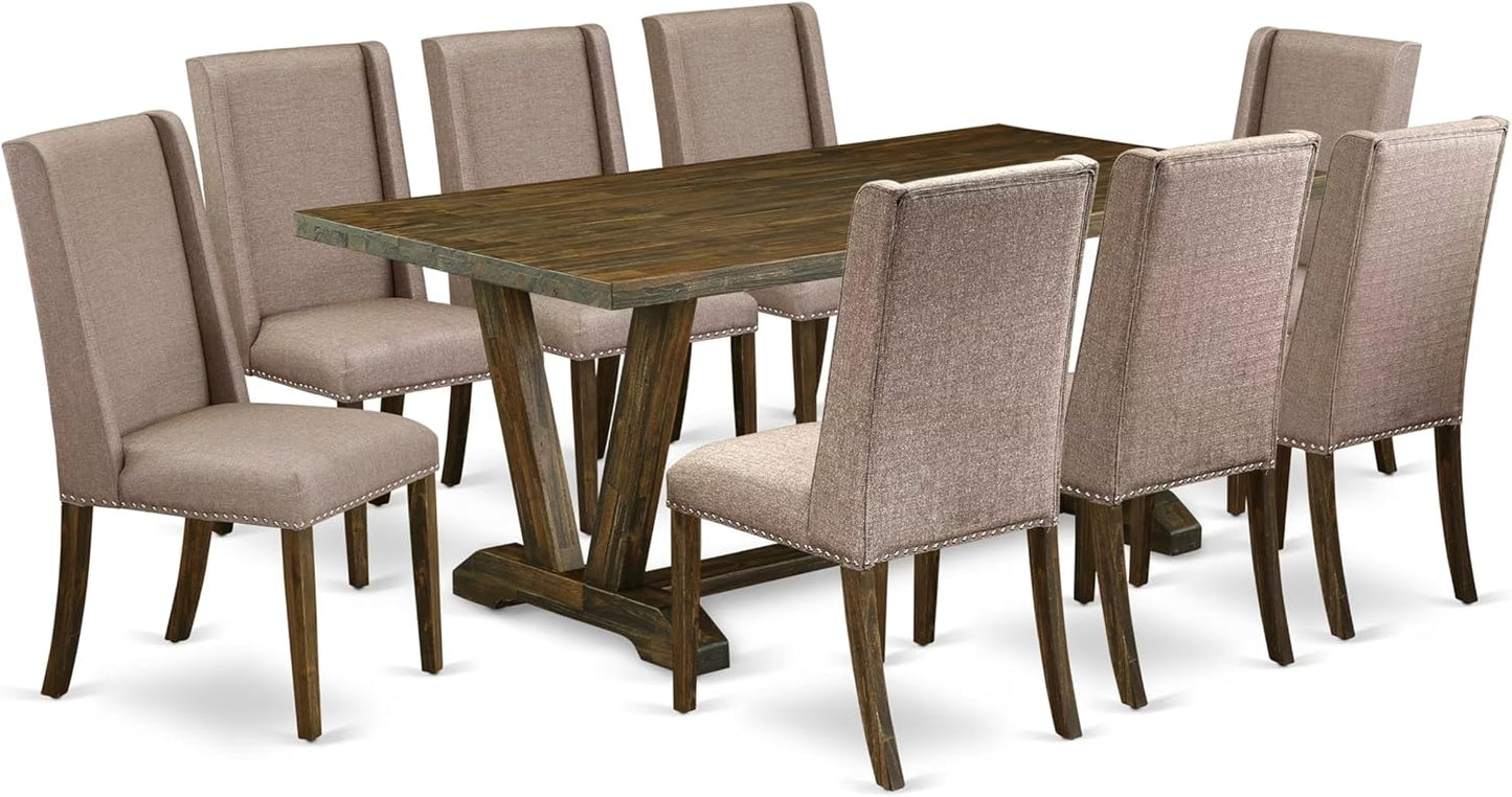 East West Furniture V777FL716-9 9 Piece Dining Table Set Includes a Rectangle Kitchen Table with V-Legs and 8 Dark Khaki Linen Fabric Upholstered Chairs, 40x72 Inch, Multi-Color