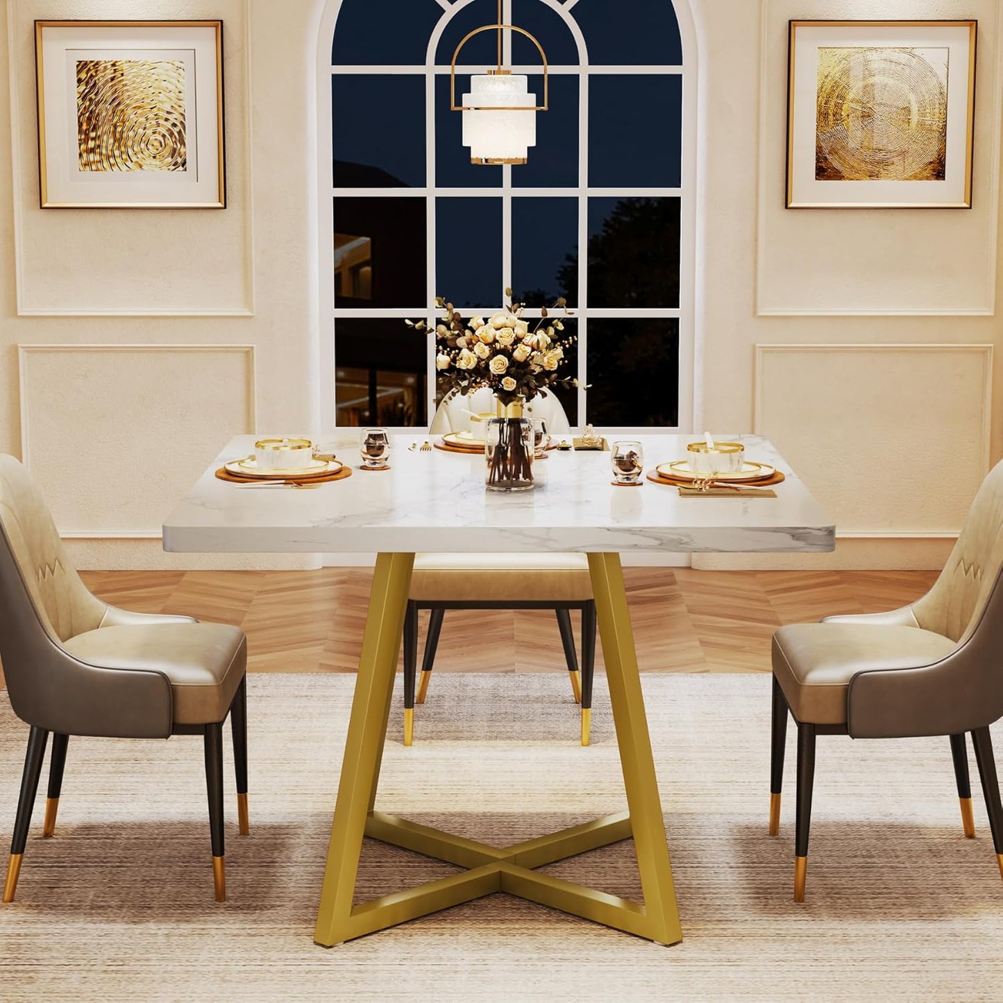 Tribesigns Square Dining Table for 6, 31.5" Modern Dinner Table with Metal Base, Kitchen Table for Dining Room, Small Space, Apartment, White & Gold