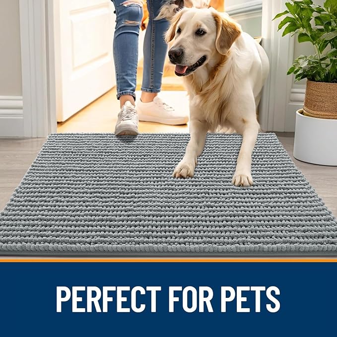 OLANLY Dog Door Mat for Muddy Paws 70x46, Ultra Absorbent Chenille Mud Doormat, Non-Slip Washable and Dirt Trapping Doormat for Indoor Entryway, Quick-Dry Indoor Pet Bed Mats for Dogs, Grey