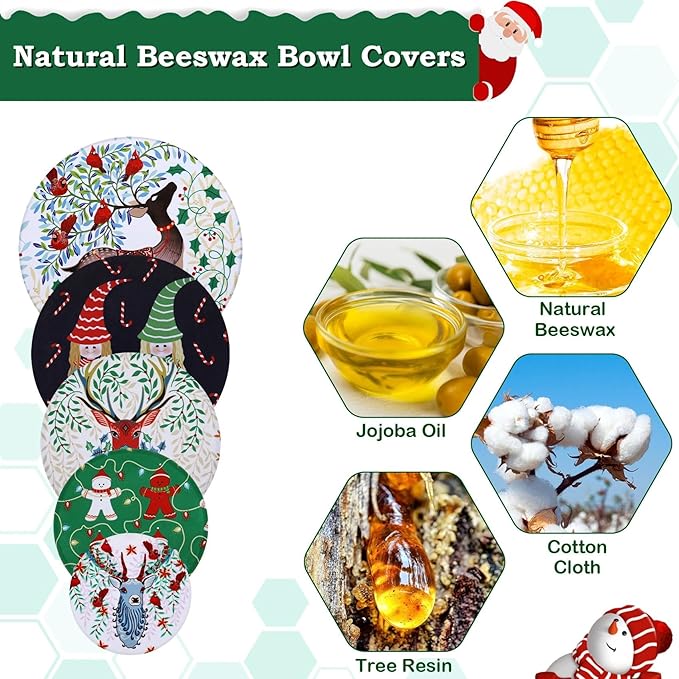 5-Size Beeswax Bowl Covers for Bread Proofing, Reusable Cotton Cloth Bowl Covers, Flexible Beeswax Wraps for Food Storage Christmas Holiday Kitchen Decor(Elk)