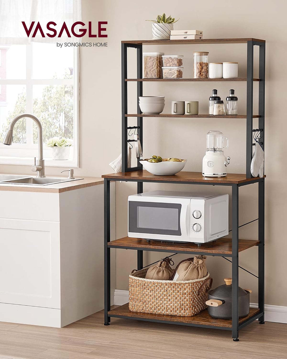 VASAGLE Coffee Bar, 31.5 Inches Baker's Rack for Kitchen with Storage, 6-Tier Kitchen Shelves with 6 Hooks, Microwave Stand, Industrial, Rustic Brown and Black UKKS019B01