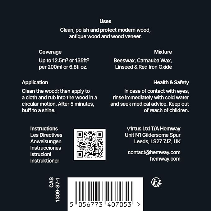 Hemway Premium Dark Oak Beeswax Furniture Wax Polish 200ml / 6.8fl oz | & 2 Lint-Free Cloths | Natural Polish and Protect for Modern & Antique Wood and Chalk Furniture Paint