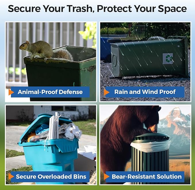 Heavy-Duty Bear Proof Trash Can Locks - Animal-Proof Garbage Can Lid Straps for 28-96 Gallon Outdoor Bins, Secure Locking Buckle Against Raccoons & Wildlife (Black, 4PCS)