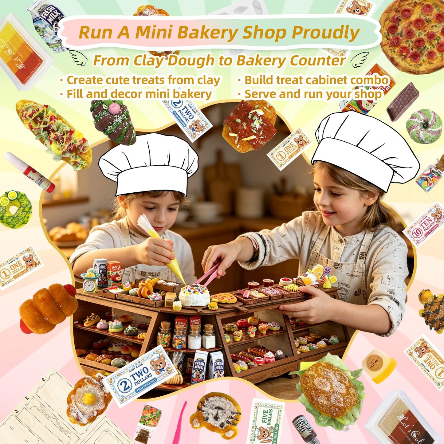 iLAND Fun Craft Kits for Kids Cute Clay Bakery Shop DIY Set, Creative Kids Toys Girls 6-8-10, 1:6 Scale Miniature Food Toys fit Doll Figure 9-12”, New Best Christmas Birthday Gift for Girls Age 7 9 11