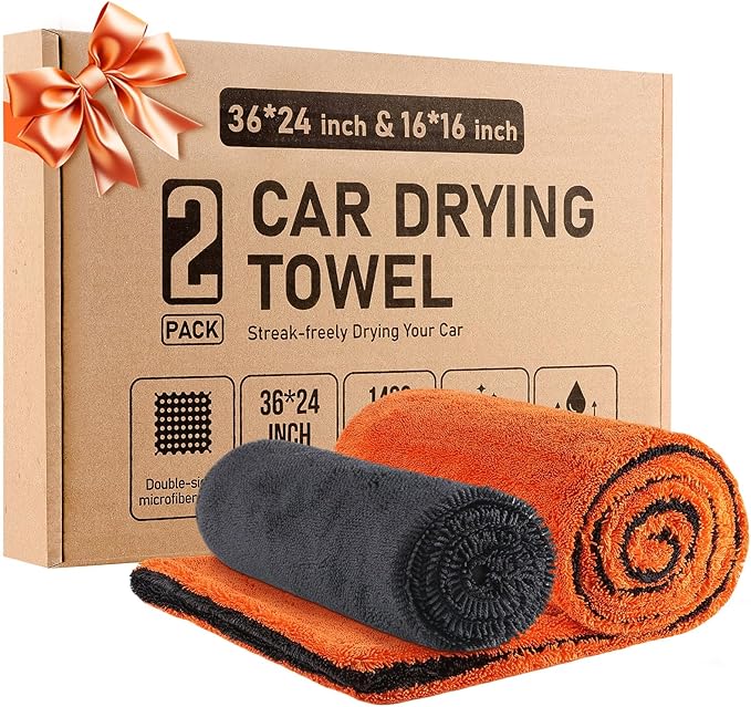 2 Pack Dual-Size Car Drying Towel, Microfiber Towels for Cars, Dual Sided Quick Dry Towel, Drying Towels Car Detailing for Cars, Trucks, SUV [Orange/Gray] (36”x24”Orange/Gray)