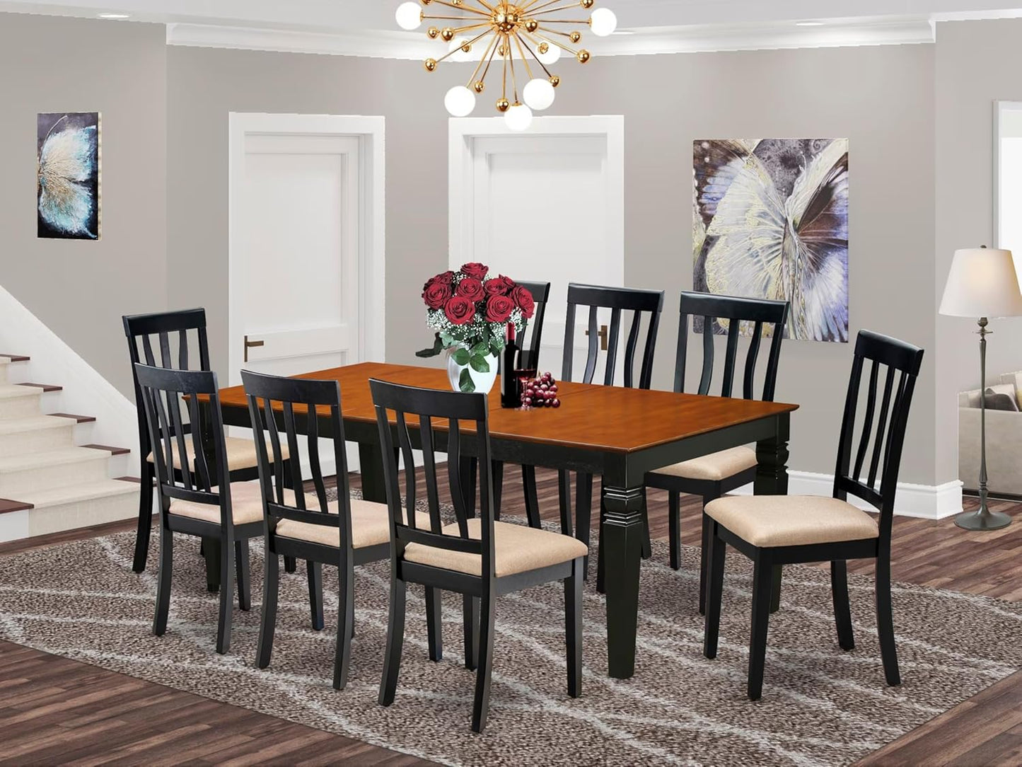 East West Furniture LGAN9-BCH-C 9 Piece Dining Set Includes a Rectangle Dining Room Table with Butterfly Leaf and 8 Linen Fabric Upholstered Chairs, 42x84 Inch, Black & Cherry