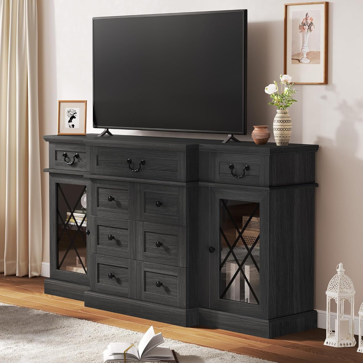 YITAHOME Television Stand for 65/55 Inch TV, Farmhouse TV Stand with 9 Drawers, Adjustable Shelves and Tempered Glass Doors, Entertainment Center TV Media Console for Living Room, Dark Grey