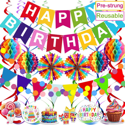 Pre-Strung Colorful Birthday Decorations set,With Banner,Triangle Flags,Honeycomb Balls,Stars Hanging Swirl Streamers,Circle Dots Garland Birthday Party Decorations for Women Men Boys Girls